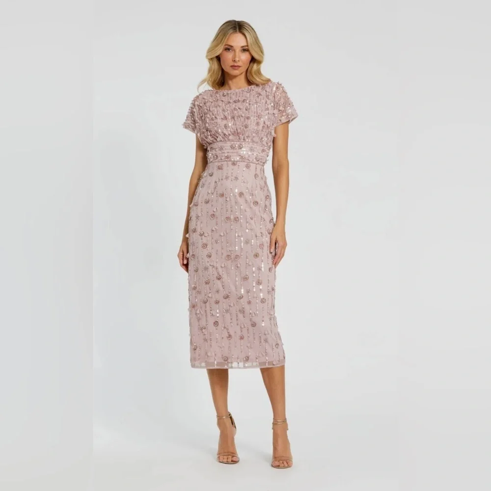 Mac Duggal Dusty Rose Beaded Midi Dress - Picture 1 of 7